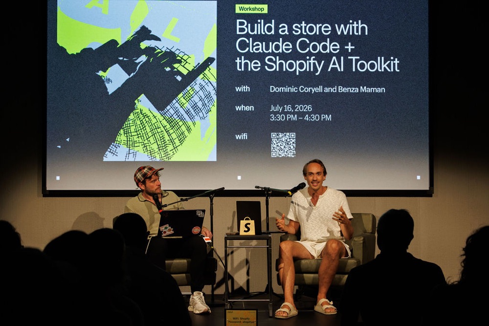 Dom and Benza on stage at the Build a store with Claude Code + the Shopify AI Toolkit workshop, July 16 2026